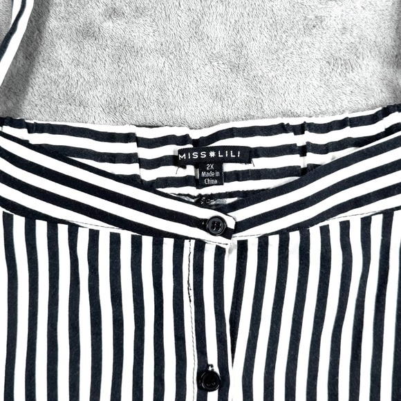 Miss Lili 2X Striped Off Shoulder Button Front Blouse Black White Tie Sleeve - Picture 2 of 10